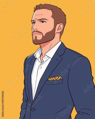 A man stands upright in a blue suit with a white shirt and a patterned pocket square while looking ahead with focus.