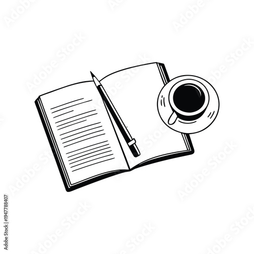 Black and white illustration of an open notebook with a pencil and a cup of coffee in hand drawn style vector art