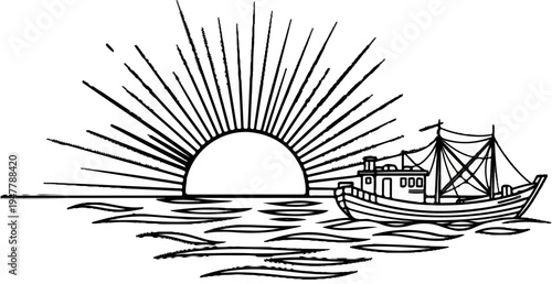 Stylized sunrise over ocean with fishing boat