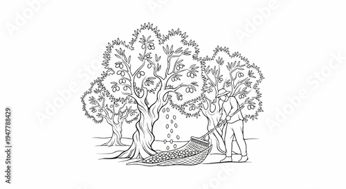 Worker harvests fruit from trees with a net