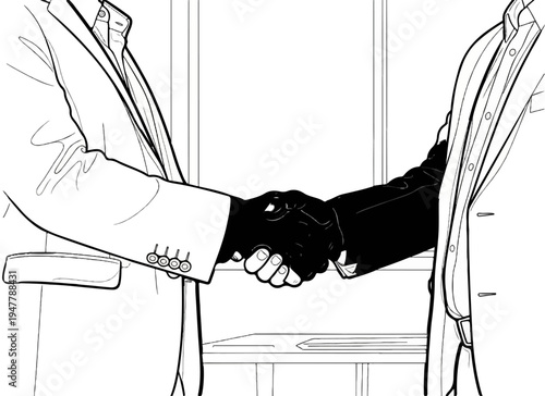 Two business professionals in suits share a handshake in an office setting