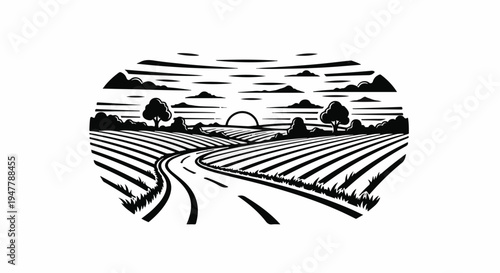 Winding road through cultivated fields under a stylized sky at sunrise