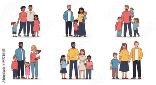 Diverse family portraits featuring parents and children of various ethnicities standing together, representing love, unity, and different household compositions