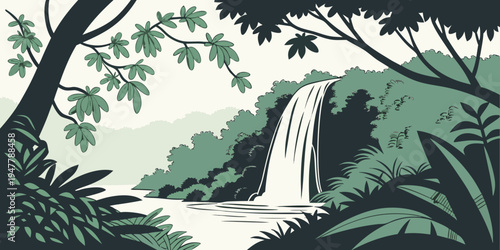 A serene waterfall in a lush green forest Vector