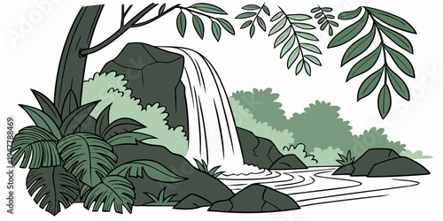 A waterfall cascading down a rocky slope surrounded by lush greenery Vector