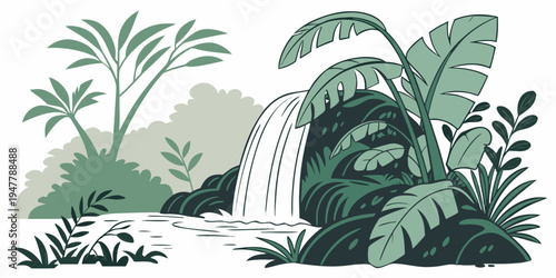 A lush tropical waterfall surrounded by greenery Vector