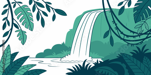 A waterfall in a lush green jungle with vines and plants Vector