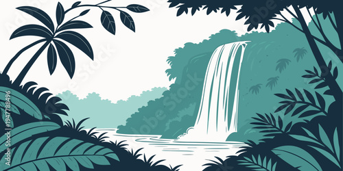 A tropical waterfall in a jungle with palm trees Vector