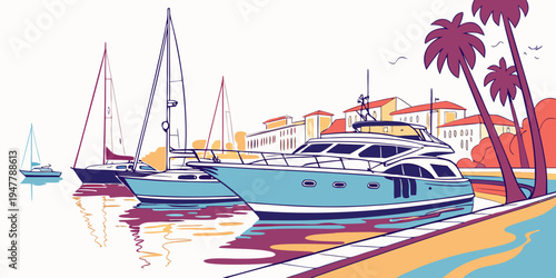 A large blue boat sitting on a dock near palm trees Vector