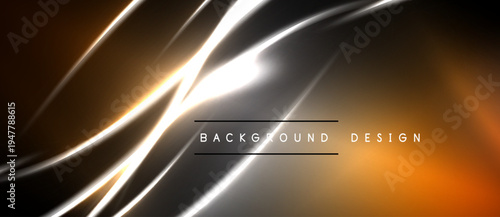 Abstract design features glowing lines, gradients. Dark background contrasts bright orange, silver elements. Text reads background design.