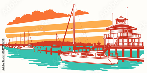 A boat is docked at a pier during sunset Vector