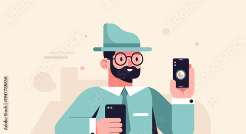 Man with hat and glasses holds two phones, one showing a clock