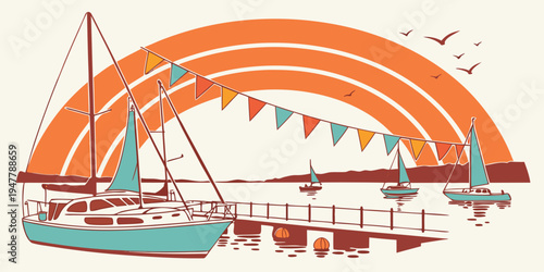 A sailboat floats on the water under a colorful rainbow Vector