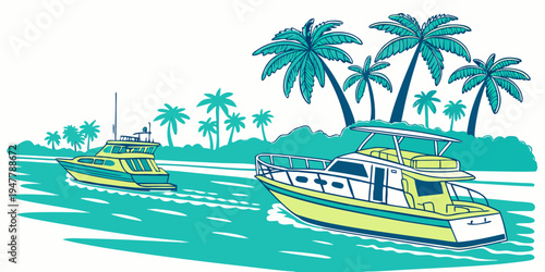 Two yellow boats sailing near a tropical island Vector