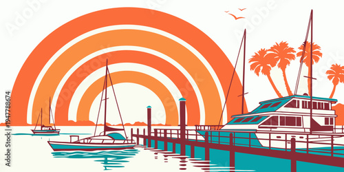 A colorful illustration of a dock with boats and a rainbow Vector