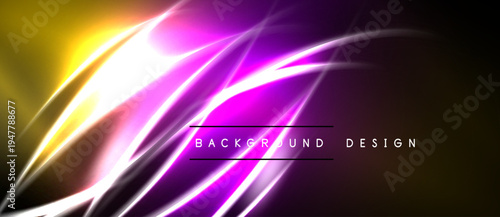 Abstract design features vibrant purple, gold streaks. Dynamic lines create energetic visual impact. Dark background enhances luminosity.