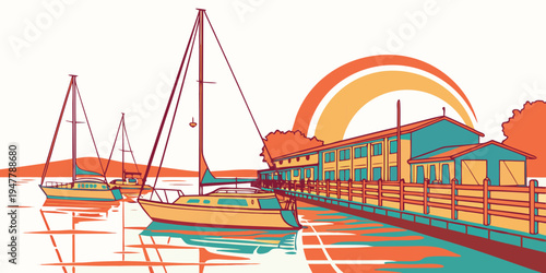 A colorful illustration of a dock with boats at sunset Vector
