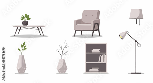 Minimalist living room elements armchair, tables, vases, lamps, and shelf