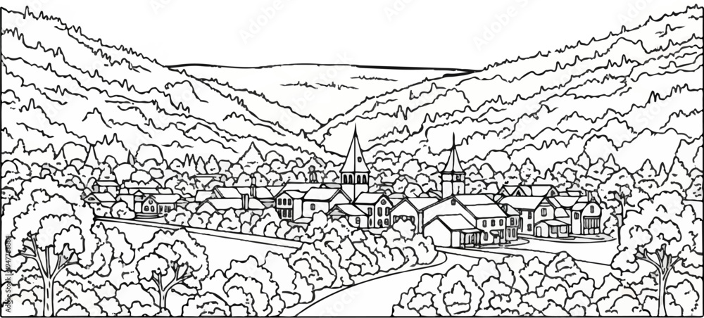Obraz premium Valley town nestled among rolling hills and dense trees