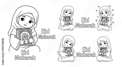 Adorable chibi girls with books celebrating eid mubarak in black and white