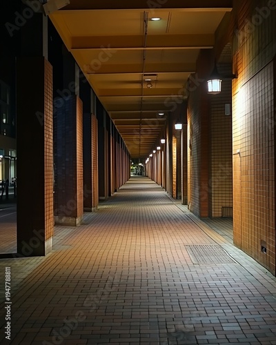 Empty brick walkway at night, lit by lamps