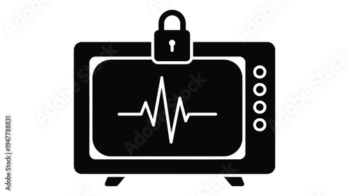 A television with a lock on top and a heart rate line on the screen