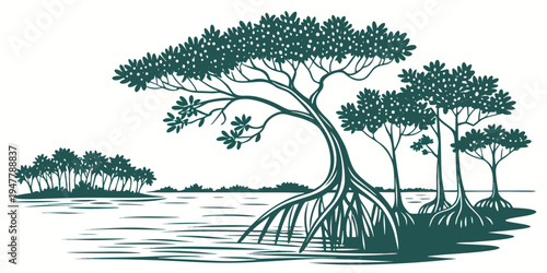A group of trees on a small island in the water Vector