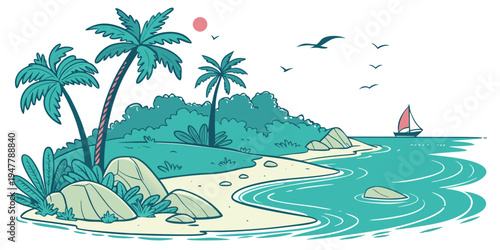 A tropical island with palm trees and a sailboat Vector