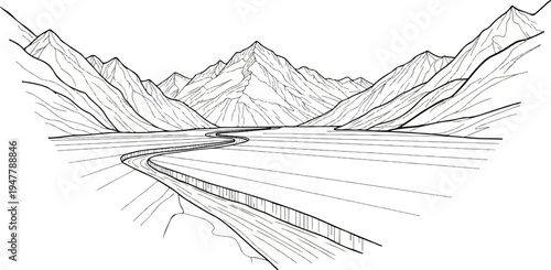 Winding road through mountain valley with river and rocky terrain