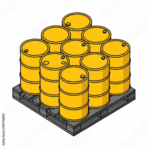 A stack of nine yellow industrial barrels arranged on a gray pallet, viewed from an isometric perspective.
