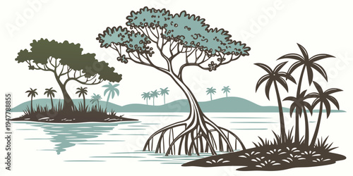 Tropical island with trees and palm trees Vector