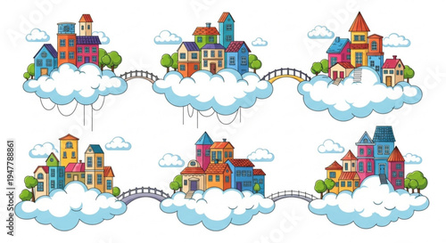 Whimsical floating islands with charming colorful houses connected by bridges in a fantasy dreamscape
