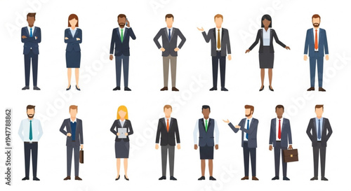 Concept illustration of a diverse business workforce featuring modern men and women in corporate attire, symbolizing professional teamwork, success, and various career roles