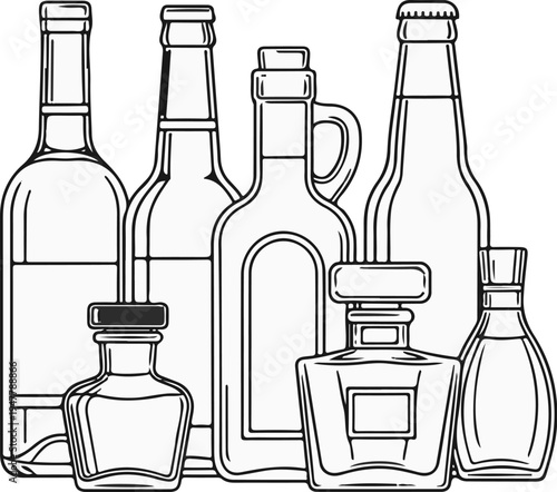 Variety of glass bottles, some with stoppers and handles, arranged together