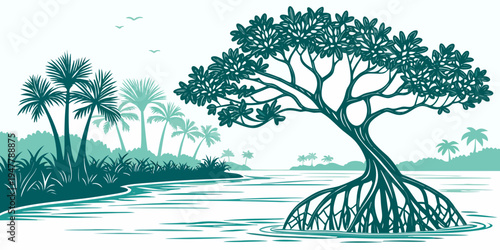 A tree with exposed roots on a small island Vector