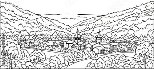 Valley town nestled among rolling hills and dense trees