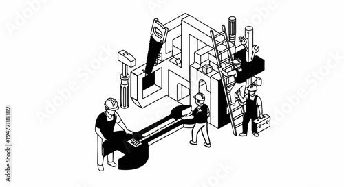 Workers with tools assembling a large metallic structure