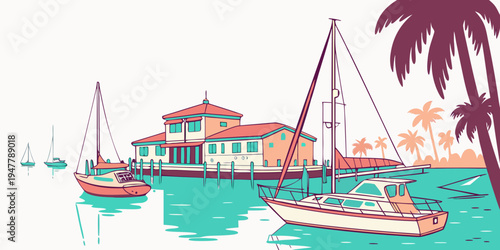 A colorful illustration of a tropical harbor scene Vector