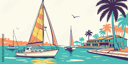 A sailboat on a tropical beach with palm trees Vector