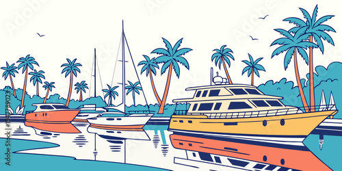 A yellow boat is docked in a marina with palm trees Vector