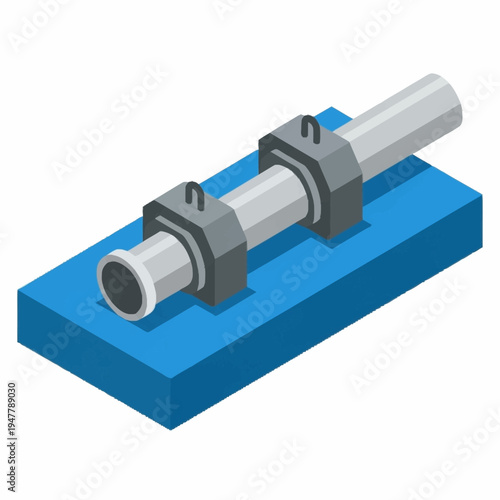 Isometric illustration of a pipe support system with two pillow block bearings mounted on a blue base.