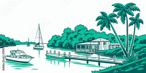 A house on the water with a boat and palm trees Vector