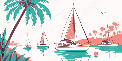 A serene tropical scene with sailboats and palm trees Vector