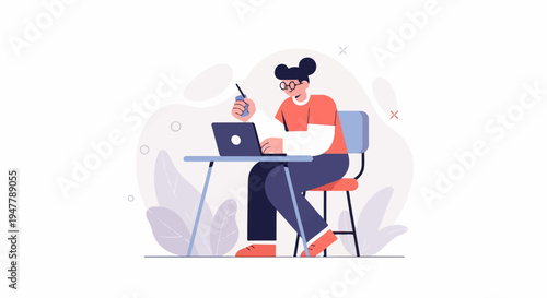 Person in casual attire working on a laptop at a desk with plants