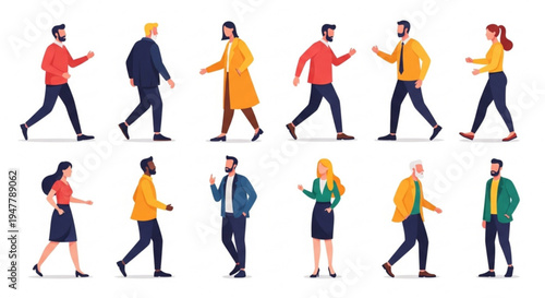 Diverse group of people in various business casual outfits walking in a line, showcasing diversity and movement