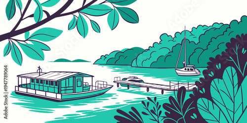 A boat is traveling down a river with trees on the side Vector