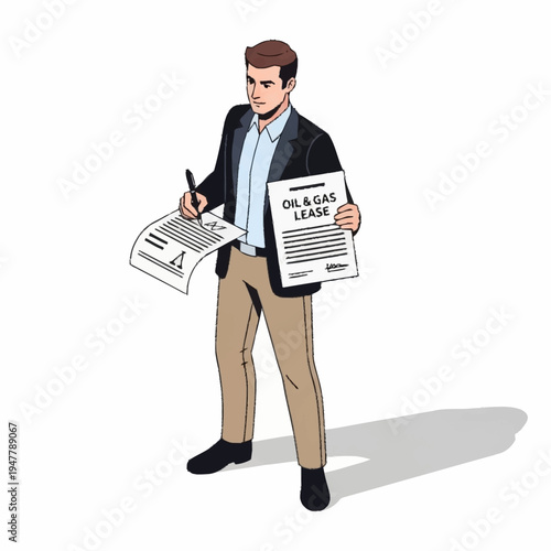 Man in suit holding oil and gas lease document, ready to sign.