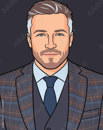 A man stands confidently in a checked suit and blue tie. He is at a formal event and looking directly at the viewer.