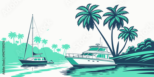 A boat and a yacht near a tropical shore Vector