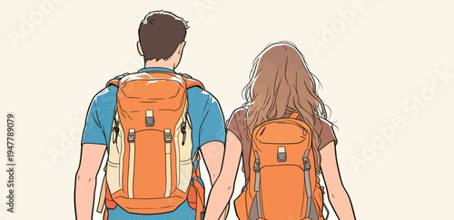 Two people walk side by side, holding hands and wearing backpacks, ready for an adventure or trip in a simple setting.
